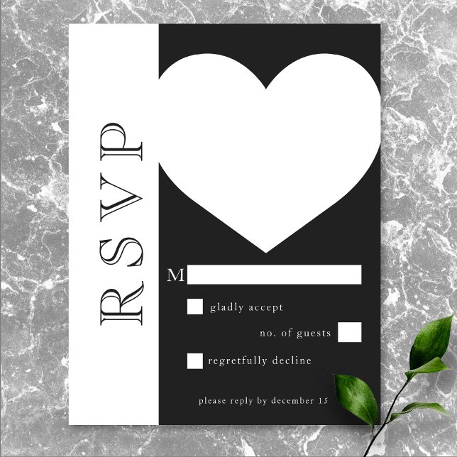 Moderne Typografie Schwarz-weiß Heart Wedding RSVP Karte (Modern Typography Black White Heart Wedding RSVP Card)