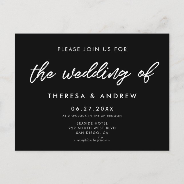 Moderne Typografie Schwarze Hochzeit Einladung Postkarte (Vorderseite)