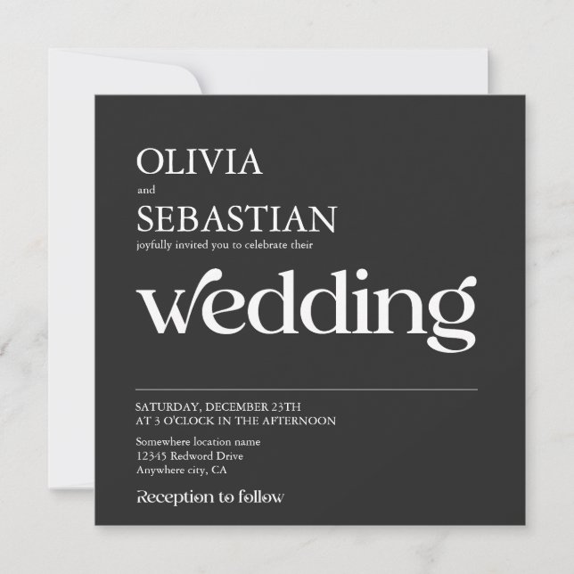 Moderne Typografie Square Foto Black Wedding Einladung (Vorderseite)