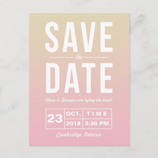 Moderne Typografie Sunset Ombre Save the Date Ankündigungspostkarte (Vorderseite)