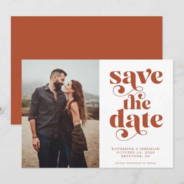 Moderne Typografie Terracotta-Foto Save the Date (Vorne/Hinten)