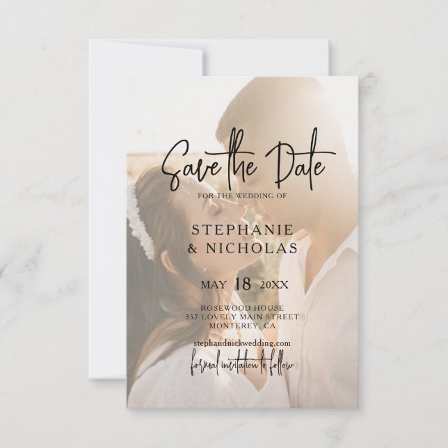 Moderne Typografie Transparentes Foto Hochzeit Save The Date (Vorderseite)