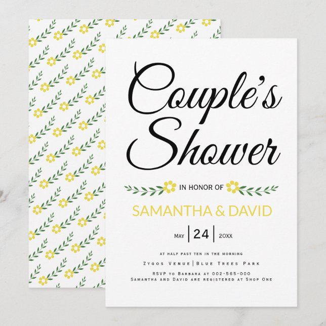 Moderne typografische gelbe Paare duschen Hochzeit Einladung (Vorne/Hinten)