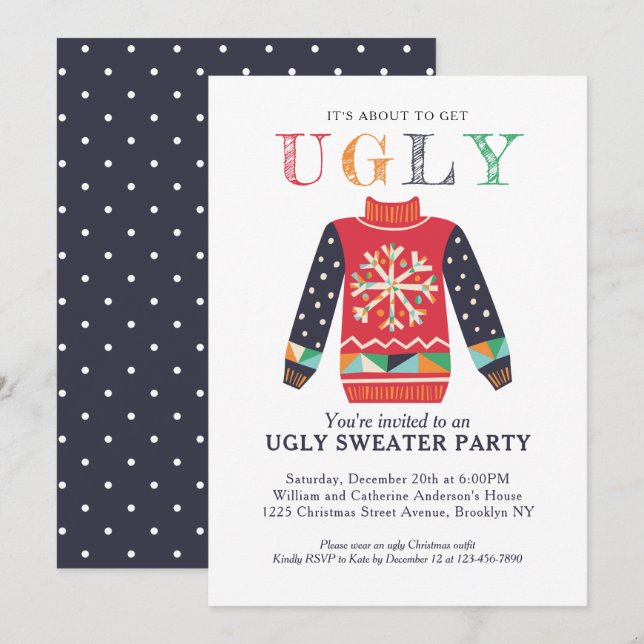 Moderne Ugly Sweater Holiday Party Weihnachten Einladung (Vorne/Hinten)