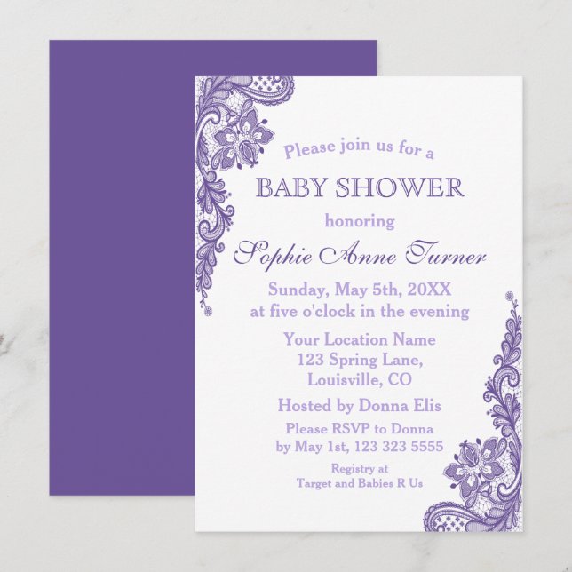 Moderne Ultra-Violet Lace Baby Dusche Einladung (Vorne/Hinten)