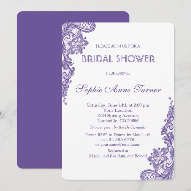 Moderne Ultra-Violet Spitzen Bridal Dusche Einladu Einladung (Vorne/Hinten)