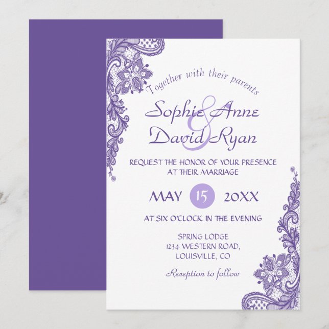 Moderne Ultra-Violet-Spitzen-Hochzeitseinladung Einladung (Vorne/Hinten)