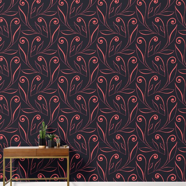 Moderne und elegante schwarz-rosa Foliage & Wirbel Tapete (Korridor)