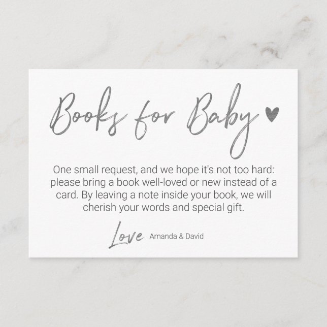 Moderne und minimale Bücher für Baby Silver Script Begleitkarte (Vorderseite)