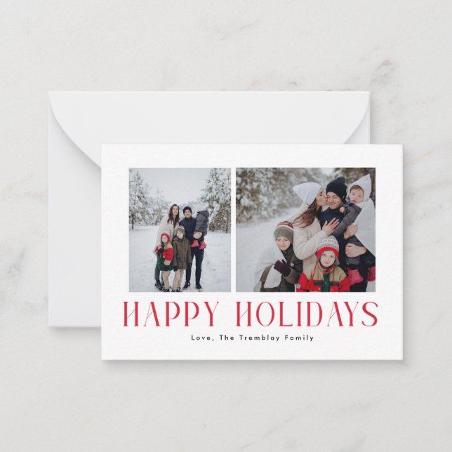 Moderne und minimale Happy Holidays Zwei Foto Card Mitteilungskarte (Vorderseite)