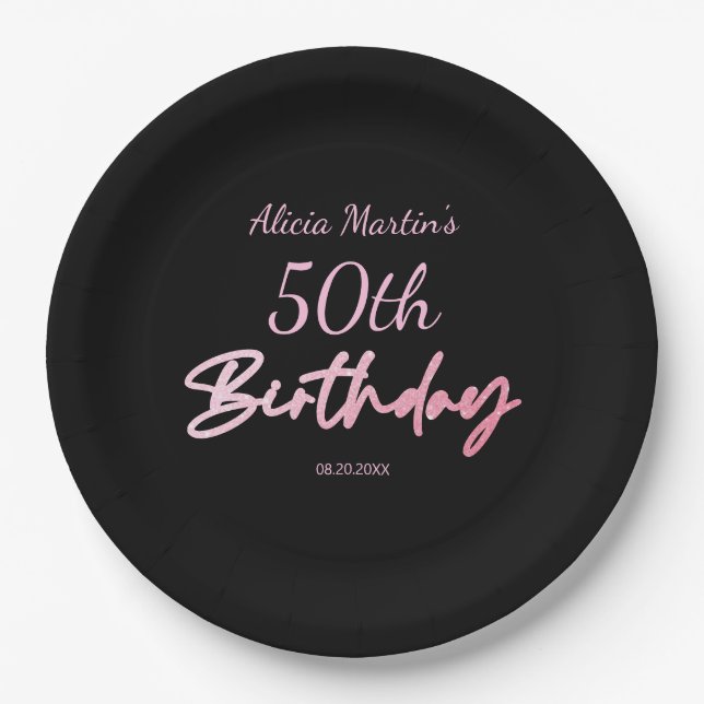 Moderne und minimale rosa Typografie Black Birthda Pappteller (Vorderseite)