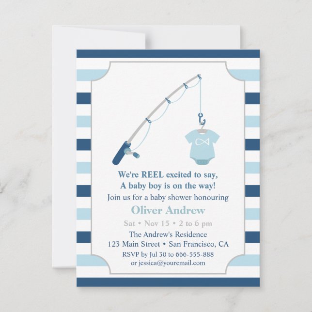 Moderne und Niedliche Fishing Themed Baby Dusche n Einladung (Vorderseite)