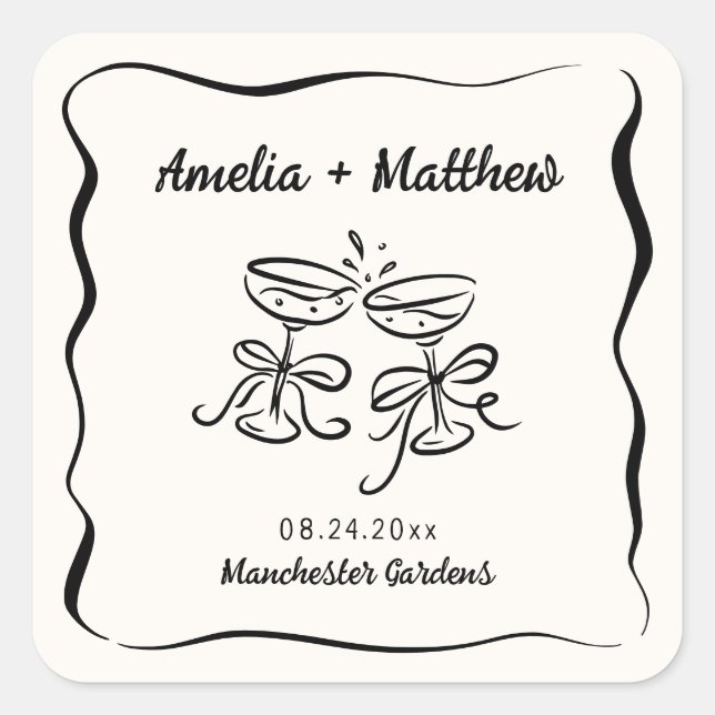 Moderne und Whimsikhandgezeichnete Hochzeit Quadratischer Aufkleber (Vorderseite)