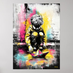 Moderne urbane emotionale Kinder-Papierschiff-Kuns Poster