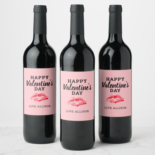 Moderne Valentine Red Kiss Pink Personalisiert Weinetikett (Flaschen)