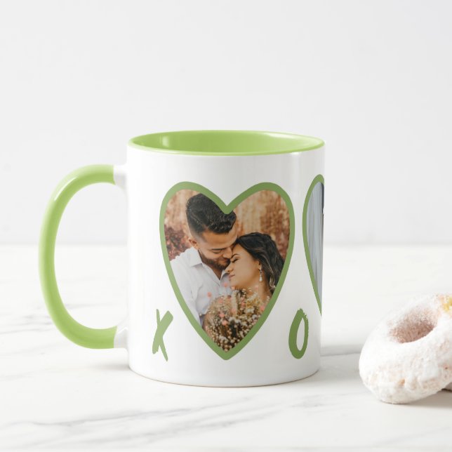 Moderne Valentines Grüne Herzen FotoCollage Tasse (Mit Donut)