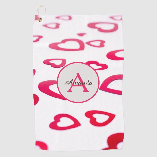 Moderne Valentinherzen mit Monogramm und Namen Golfhandtuch (Vorderseite)