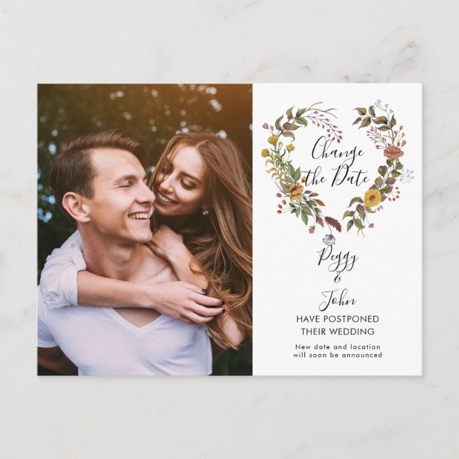 Moderne Veränderung des Date Wedding Foto floral Postkarte (Vorderseite)