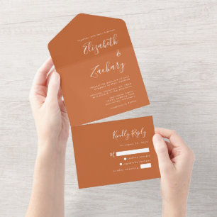 Moderne verbrannte orange Hochzeit All In One Einladung