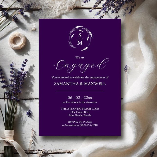 Moderne Verlobung Einladung Designs dunkel Lila (Engagement party invitation dark purple wedding theme lavender line art by Victoria Grigaliunas)