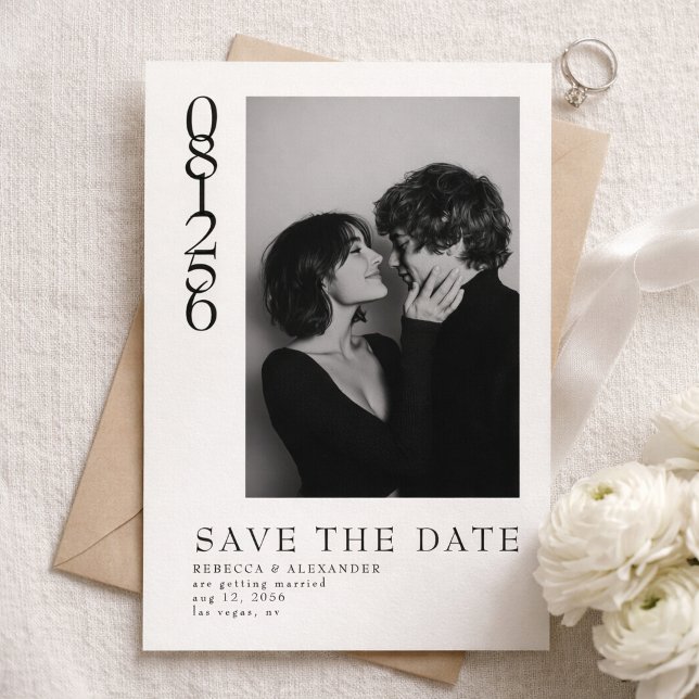 Moderne vertikale Datums-Editorial-Hochzeitsfoto Save The Date (Von Creator hochgeladen)