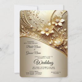 Moderne verzierte goldene Blumenhochzeit mit Perle Einladung