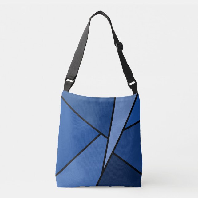 Moderne, vielseitig bedruckte, blaue geometrische  tragetaschen mit langen trägern (Vorderseite)