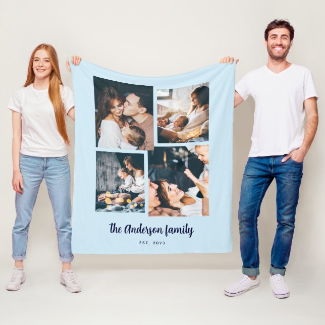 Moderne Vier FotoCollage | Blau Fleecedecke (Beispiel)