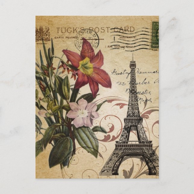 moderne Vintage Drehbücher lila Paris Eiffel Tower Postkarte (Vorderseite)