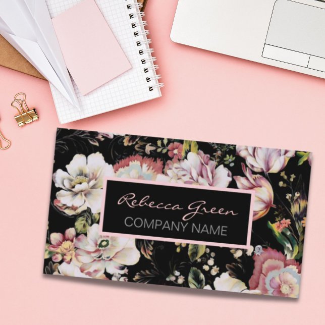 Moderne Vintage Elegante Böhmische Schwarze Blüte Visitenkarte (Modern Vintage Elegant bohemian black floral Business Card)