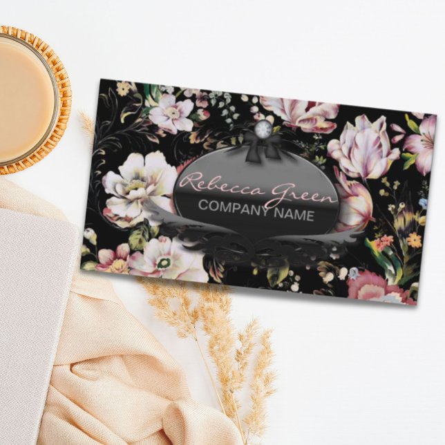 Moderne Vintage Elegante Böhmische Schwarze Blüte Visitenkarte (Modern Vintage Elegant bohemian black floral Business Card)