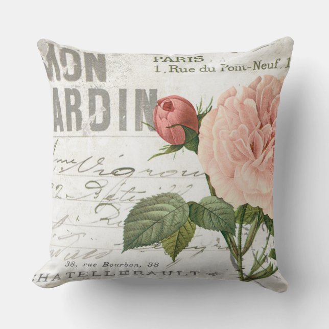 moderne Vintage französische Rosenpostkarte Kissen (Vorderseite)