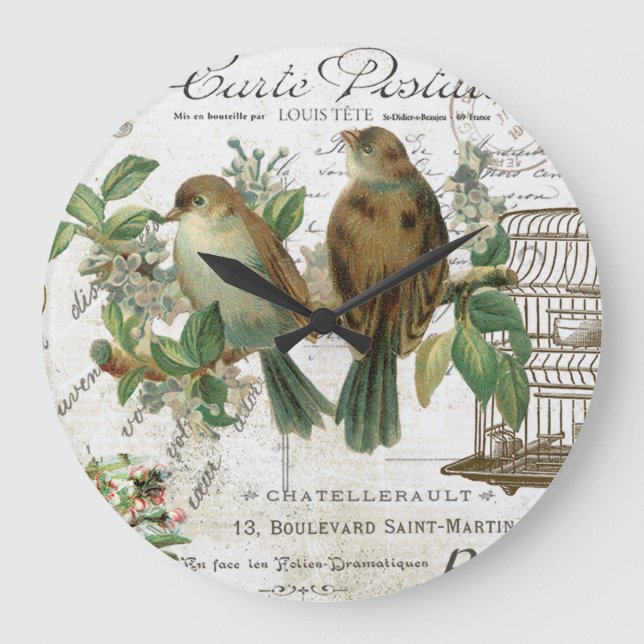 Moderne Vintage französische Vögel und Vogelkäfige Große Wanduhr (Vorderseite)