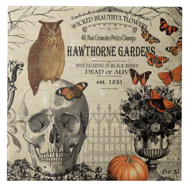 Moderne Vintage Halloween-Uhu und -Schädel Fliese (Vorderseite)