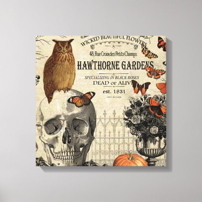 Moderne Vintage Halloween-Uhu und -Schädel Leinwanddruck (Vorderseite)
