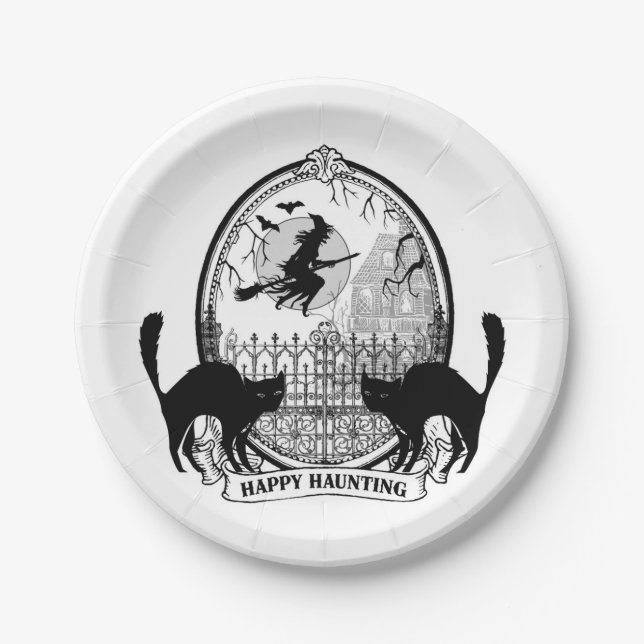 moderne Vintage Halloweenhexe und -katzen Pappteller (Vorderseite)