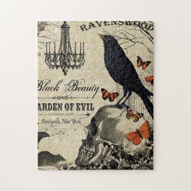 moderne Vintage Halloweenkrähe und -schädel (Vertikal)