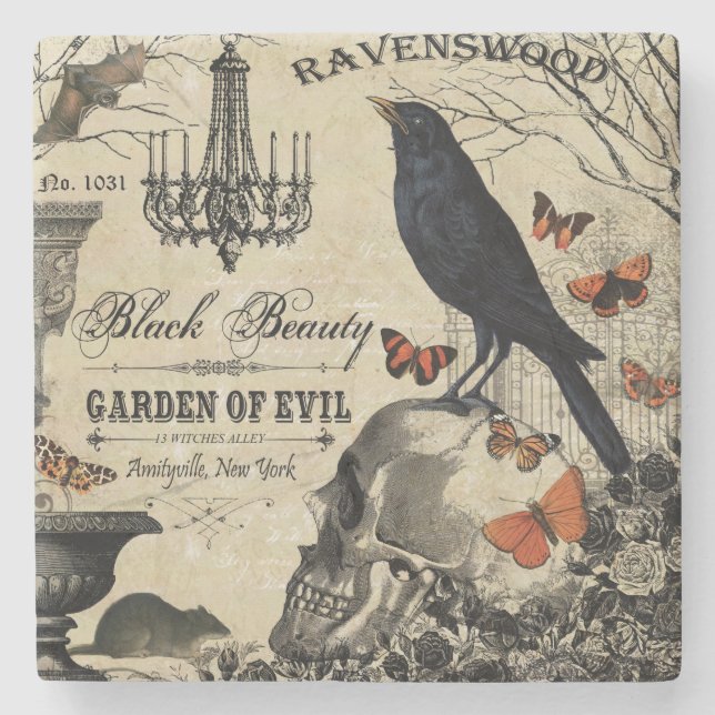 moderne Vintage Halloweenkrähe und -schädel Steinuntersetzer (Vorderseite)