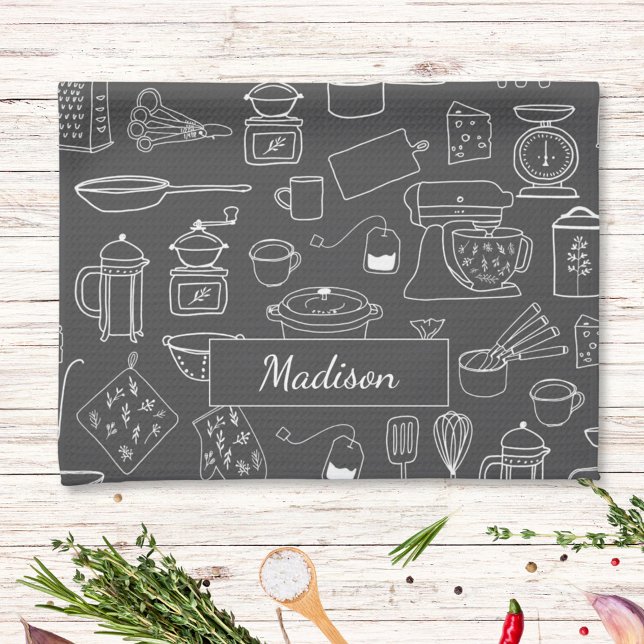 Moderne Vintage Küche Geschirr Niedlich Doodle Geschirrtuch (In situ)