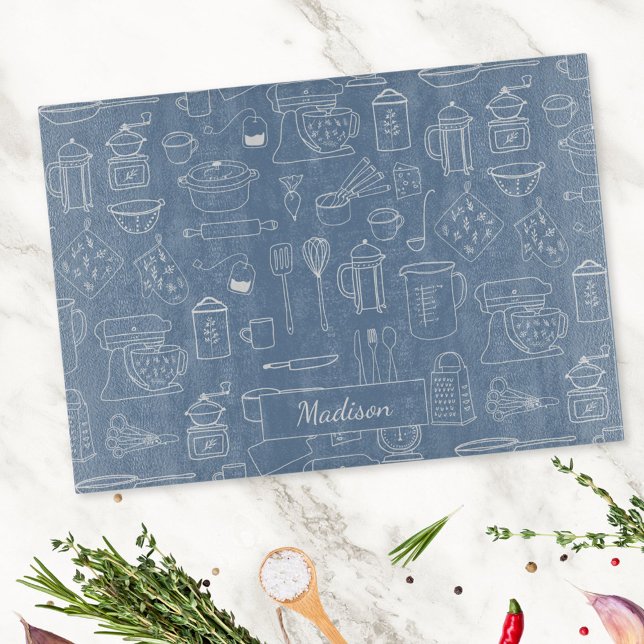 Moderne Vintage Küche Geschirr Niedlich Doodle Schneidebrett (In situ)