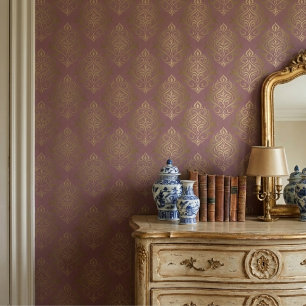 Moderne Vintage Mauve- und GoldDamaskus Tapete