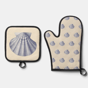 Moderne Vintage Navy Blue Muschel auf Cream Beige Ofenhandschuh & Topflappen-Set
