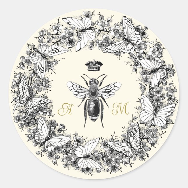 Moderne Vintage Queen Butterfly Wreath Monogram Runder Aufkleber (Vorderseite)
