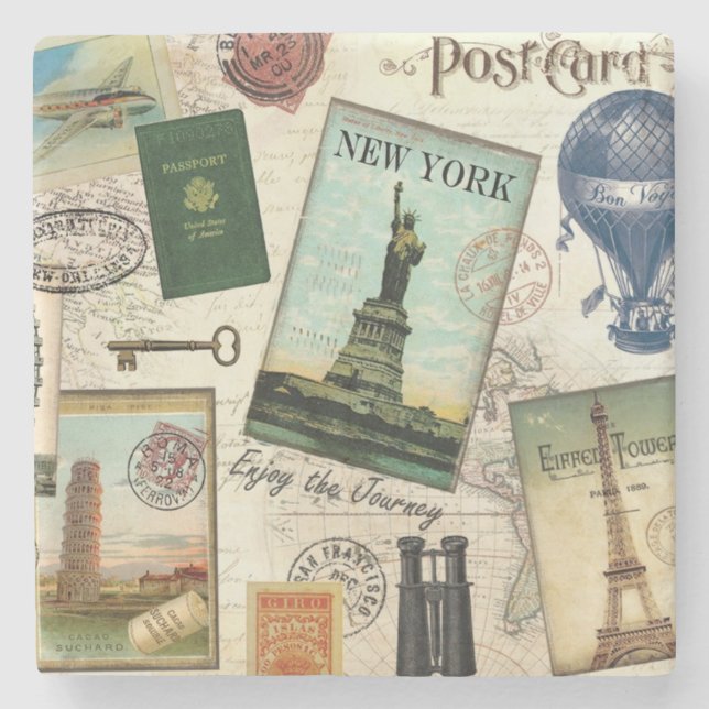 moderne Vintage Reisecollage Steinuntersetzer (Vorderseite)