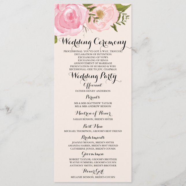 Moderne Vintage-Rosa-Blumen-Hochzeitsprogrammkarte Programm (Vorderseite)