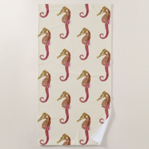Moderne Vintage Rosa Rotes Seepferdchen auf Beige Strandtuch