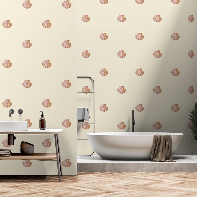 Moderne Vintage rote Muschel auf Beige-Creme Tapete (Badezimmer)