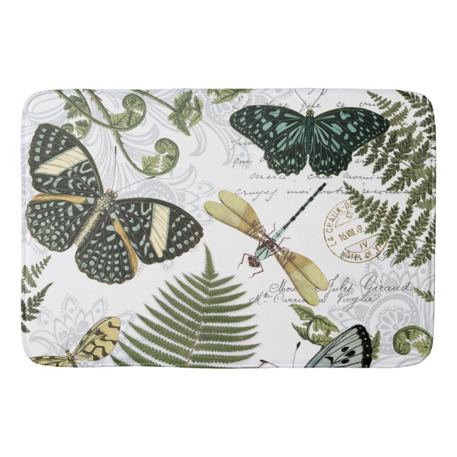 moderne Vintage Schmetterlinge und Libellen Badematte (Vorderseite)