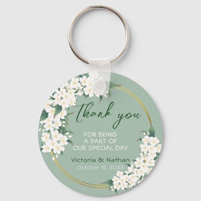 Moderne Vintage weiße grüne Gastgeschenk Hochzeit Schlüsselanhänger (Vorderseite)