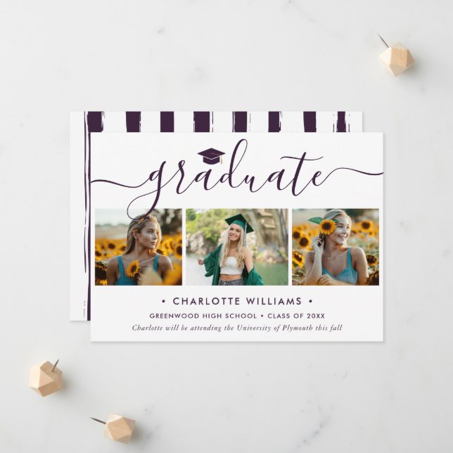 Moderne violette 3-Foto-Collage-Script-Abschluss Ankündigung (Vorderseite/Rückseite Beispiel)